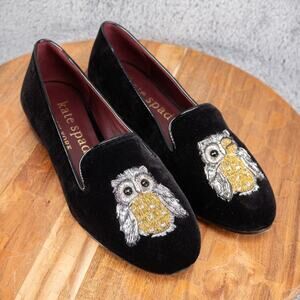 Kate Spade Wink Lounge Loafers Black Velvet Owl Women’s US 8 Slip on Shoes